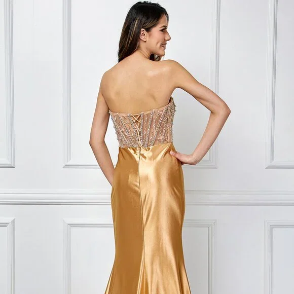 New Prom Strapless Sheath Rhinestones Embellished Sheer Dress w/ Leg Slit 4049